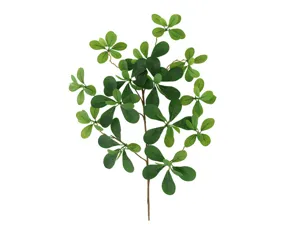 Detailed close-up view of artificial green plant branch with realistic leaves for interior decor.