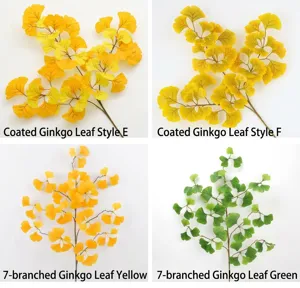 Artificial ginkgo leaves display showing different models in green and yellow colors