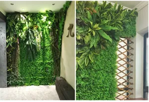 Gedetailleerd overzicht van een weelderige kunstmatige plantenwand voor interieurdecoratie