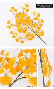Close-up of 7-fork artificial yellow ginkgo leaves with realistic silk texture.