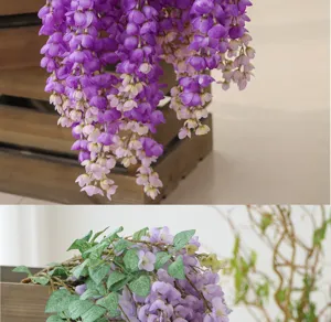 Detailed view of artificial purple wisteria flower vines for wedding and party decor
