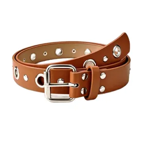 Punk style brown leather belt with metal grommets and buckle for women daily fashion wear.