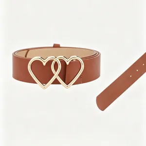 Stylish women's brown PU leather belt featuring elegant double gold heart buckle design.
