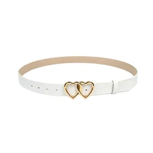 White women PU leather belt featuring interlocking gold double heart buckle stylish waist accessory