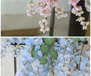 Detailed view of artificial pink and blue wisteria flowers showing delicate petal textures