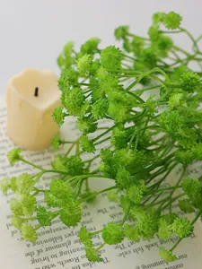 Artificial green baby breath flower bouquet detail close up shot with aesthetic book prop