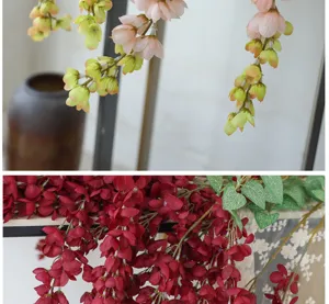 Close-up of artificial wisteria flowers showing realistic silk petals and textures