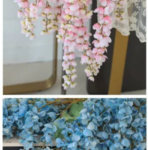 Macro view of artificial pink and blue silk wisteria hanging flowers for wedding decor