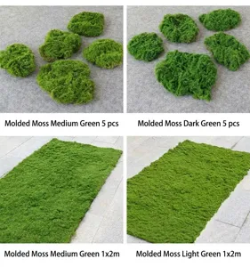 Display of four variations of lifelike artificial green moss mats and decorative blocks