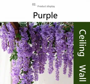 Detailed view of artificial purple wisteria flower vines hanging for ceiling decoration
