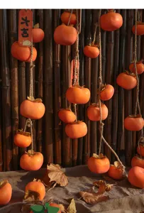 Nahaufnahme von künstlichen gefrosteten Kakis an rustikaler Schnur für Herbstdeko