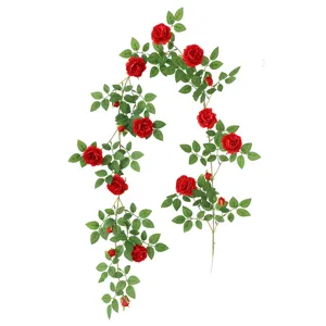 Vid de flores de peonía roja artificial con hojas verdes para decoración de paredes casa