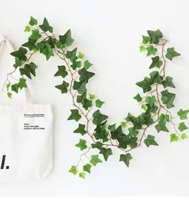 Detail of realistic artificial ivy vine leaves hanging on a wall for green home decoration