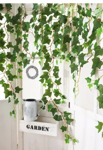 Macro view of realistic artificial ivy leaves for wall decoration and greening