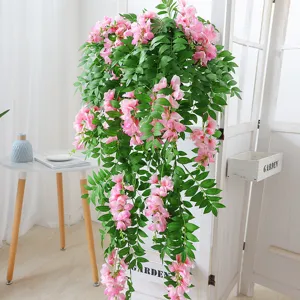 Fiori di glicine artificiali pendenti rosa con foglie verdi per decorazione
