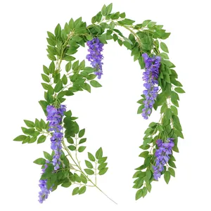 Realistic artificial purple wisteria flower vine garland for ceiling and pipe decoration.