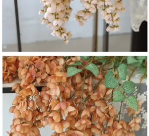 Close-up detail of giant artificial wisteria hanging flowers with realistic silk petals