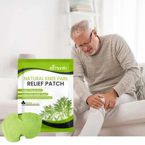 Close-up detail of herbal knee pain relief patch packaging and product in lifestyle scene.