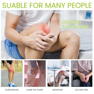 Knee pain relief patch detail showing application for overexercise, stairs, and joint discomfort.
