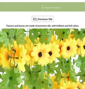 Gros plan d'une vigne de tournesol jaune artificielle en tissu de soie de haute qualité