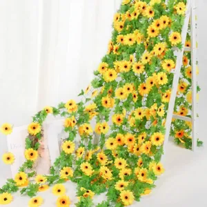 Vigne de Tournesol Artificielle Guirlande de Tournesols en Soie Chaîne de Fleurs Suspendues pour Décoration Maison Balcon Mur Mariage Jardin