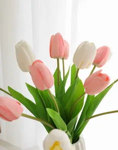 Stunning close-up detail shot of high-end artificial tulips, showing realistic wet-touch texture.