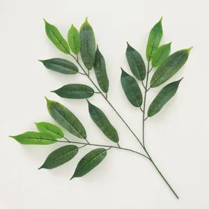 Realistic artificial green leaf branch with detailed leaf veins for outdoor decoration