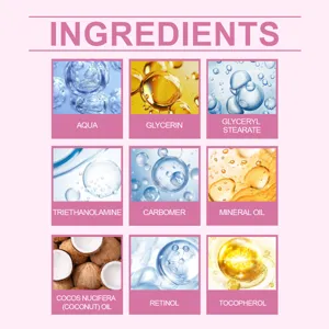 Dettaglio ingredienti cosmetici con acqua, glicerina e oli nutrienti essenziali.