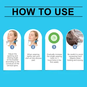 Four-step instruction guide for using an adjustable neck brace to relieve cervical pain.