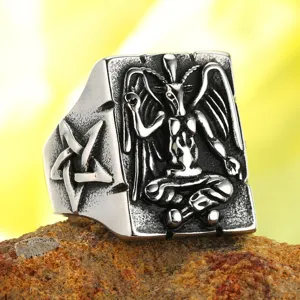 Retro men's stainless steel Baphomet ring with gothic pentagram engraving detail