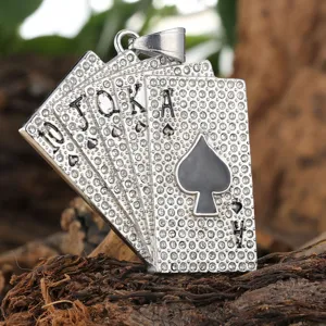 Iced out stainless steel poker royal flush spade pendant with shimmering rhinestones