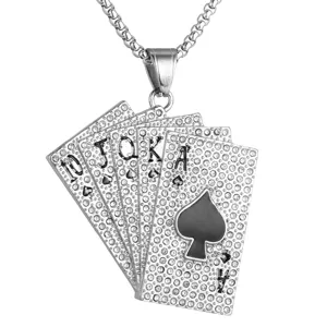 Hip hop stainless steel royal flush poker pendant necklace with sparkling rhinestones