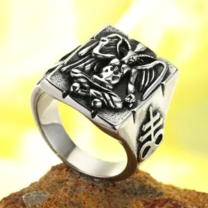 Detailed view of vintage stainless steel Baphomet ring featuring engraved occult symbols