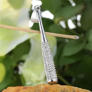 Iced out baseball bat pendant necklace in silver titanium steel with clear crystal stones