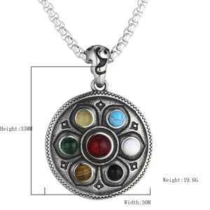 Detailed view and specific measurements of vintage stainless steel lotus vajra pendant