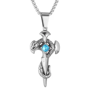 Detailed view of a vintage gothic silver sword cross necklace with wrapped snake and blue gem