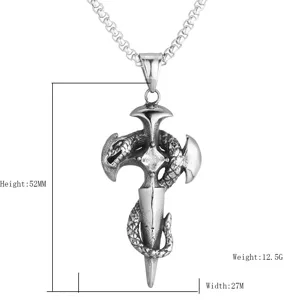 Detail view of gothic snake sword cross pendant with specific dimensions and weight