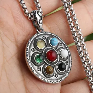 Vintage 316 Stainless Steel Lotus Vajra Pendant Necklace For Men Women Retro Oxidized Tibetan Ethnic Style Rhinestone Inlaid Circular Pendant Jewelry
