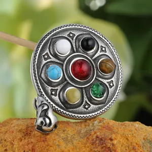Vintage titanium steel Tibetan pendant with lotus vajra design and seven colored stones
