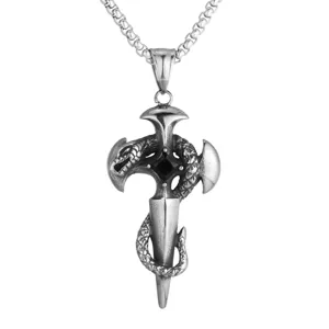 Vintage Gothic silver cross sword pendant necklace with coiled snake and black stone