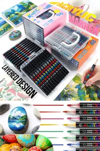 Acrylic paint marker pens set, dual tips water-based art markers for rock painting DIY.