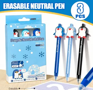 Cute penguin erasable gel pen set, 0.5mm smooth writing blue ink pens for office school.