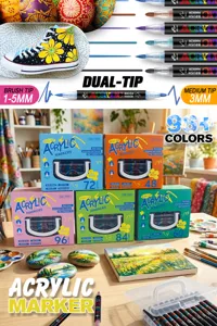 Dual-tip acrylic paint markers set for rock painting, canvas, fabric, and DIY art crafts.