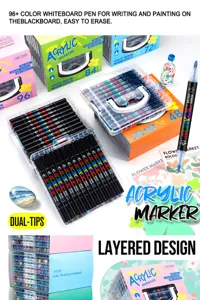 Dual tip acrylic marker set with stacked box storage, water-based quick dry art pens for painting.