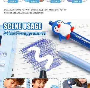 Erasable neutral pen with cute penguin topper and 0.5mm fine tip for smooth writing.