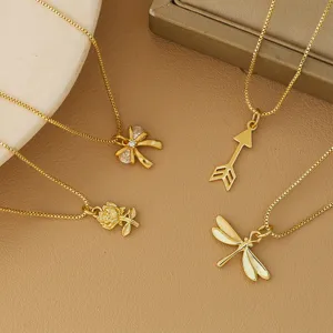 Elegant gold-plated necklaces for women with bow, arrow, rose, and dragonfly charms