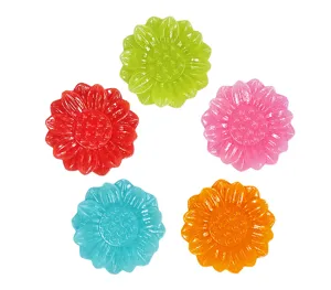 Five colorful sunflower-shaped resin incense cone holders on white background