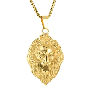 Collana da uomo in acciaio inossidabile dorato con ciondolo a testa di leone e catena