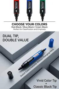 Professional dual-tip erasable whiteboard marker detail showing vivid color and black tips