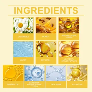 Detailed ingredient chart showing chamomile honey bee venom and glycerin for skincare.